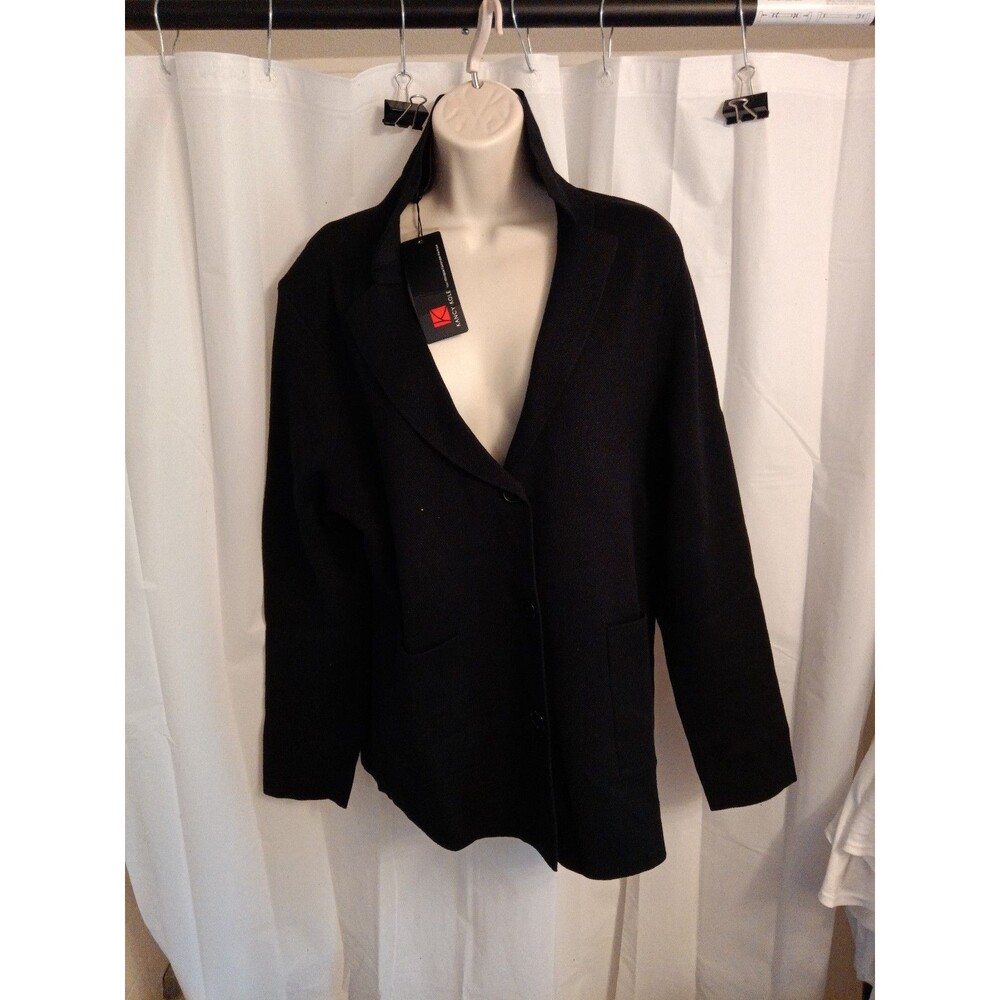 Kancy Kole black, button-front blazer-style jacket with a notched lapel